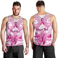Personalised Pink Out Men Tank Top Breast Cancer Awareness Polynesian Pattern White Version - Wonder Print Shop