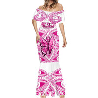 Personalised Pink Out Mermaid Dress Breast Cancer Awareness Polynesian Pattern White Version - Wonder Print Shop