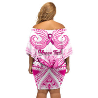 Personalised Pink Out Off Shoulder Short Dress Breast Cancer Awareness Polynesian Pattern White Version - Wonder Print Shop