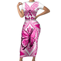 Personalised Pink Out Short Sleeve Bodycon Dress Breast Cancer Awareness Polynesian Pattern White Version - Wonder Print Shop