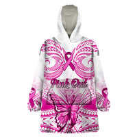 Personalised Pink Out Wearable Blanket Hoodie Breast Cancer Awareness Polynesian Pattern White Version - Wonder Print Shop