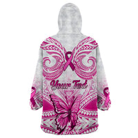 Personalised Pink Out Wearable Blanket Hoodie Breast Cancer Awareness Polynesian Pattern White Version - Wonder Print Shop