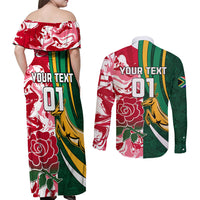 Custom South Africa and England Rugby Couples Matching Off Shoulder Maxi Dress and Long Sleeve Button Shirt The Red Rose Protea Pattern - Wonder Print Shop