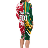 Custom South Africa and England Rugby Long Sleeve Bodycon Dress The Red Rose Protea Pattern - Wonder Print Shop