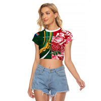 Custom South Africa and England Rugby Raglan Cropped T Shirt The Red Rose Protea Pattern - Wonder Print Shop