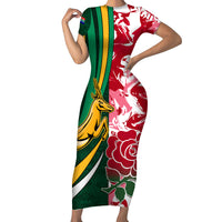 Custom South Africa and England Rugby Short Sleeve Bodycon Dress The Red Rose Protea Pattern - Wonder Print Shop