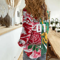 Custom South Africa and England Rugby Women Casual Shirt The Red Rose Protea Pattern - Wonder Print Shop