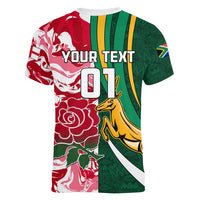 Custom South Africa and England Rugby Women V Neck T Shirt The Red Rose Protea Pattern - Wonder Print Shop