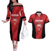 Custom Bahrain Cricket Couples Matching Off The Shoulder Long Sleeve Dress and Hawaiian Shirt Come On Team Bahrain - Wonder Print Shop