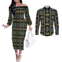 Regalia Stripe Floral Pattern Couples Matching Off The Shoulder Long Sleeve Dress and Long Sleeve Button Shirt Colorful Attractive - Wonder Print Shop