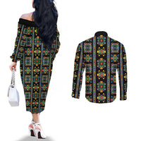 Regalia Stripe Floral Pattern Couples Matching Off The Shoulder Long Sleeve Dress and Long Sleeve Button Shirt Colorful Attractive - Wonder Print Shop