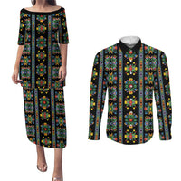 Regalia Stripe Floral Pattern Couples Matching Puletasi and Long Sleeve Button Shirt Colorful Attractive - Wonder Print Shop
