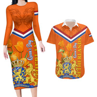 Netherlands Queen Day 2024 Couples Matching Long Sleeve Bodycon Dress and Hawaiian Shirt Nederland Koningsdag Orange Tulips - Wonder Print Shop