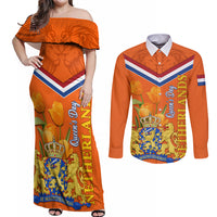 Netherlands Queen Day 2024 Couples Matching Off Shoulder Maxi Dress and Long Sleeve Button Shirt Nederland Koningsdag Orange Tulips - Wonder Print Shop