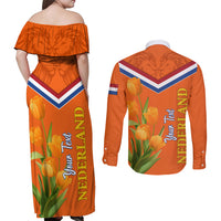 Netherlands Queen Day 2024 Couples Matching Off Shoulder Maxi Dress and Long Sleeve Button Shirt Nederland Koningsdag Orange Tulips - Wonder Print Shop