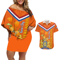 Netherlands Queen Day 2024 Couples Matching Off Shoulder Short Dress and Hawaiian Shirt Nederland Koningsdag Orange Tulips - Wonder Print Shop