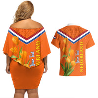Netherlands Queen Day 2024 Couples Matching Off Shoulder Short Dress and Hawaiian Shirt Nederland Koningsdag Orange Tulips - Wonder Print Shop