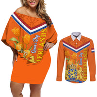 Netherlands Queen Day 2024 Couples Matching Off Shoulder Short Dress and Long Sleeve Button Shirt Nederland Koningsdag Orange Tulips - Wonder Print Shop