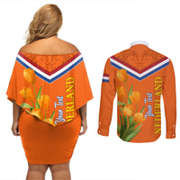 Netherlands Queen Day 2024 Couples Matching Off Shoulder Short Dress and Long Sleeve Button Shirt Nederland Koningsdag Orange Tulips - Wonder Print Shop