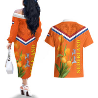 Netherlands Queen Day 2024 Couples Matching Off The Shoulder Long Sleeve Dress and Hawaiian Shirt Nederland Koningsdag Orange Tulips - Wonder Print Shop