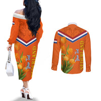 Netherlands Queen Day 2024 Couples Matching Off The Shoulder Long Sleeve Dress and Long Sleeve Button Shirt Nederland Koningsdag Orange Tulips