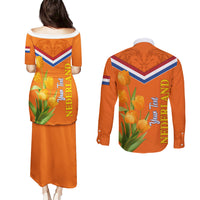 Netherlands Queen Day 2024 Couples Matching Puletasi and Long Sleeve Button Shirt Nederland Koningsdag Orange Tulips - Wonder Print Shop