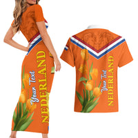 Netherlands Queen Day 2024 Couples Matching Short Sleeve Bodycon Dress and Hawaiian Shirt Nederland Koningsdag Orange Tulips - Wonder Print Shop