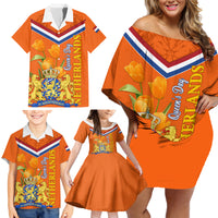 Netherlands Queen Day 2024 Family Matching Off Shoulder Short Dress and Hawaiian Shirt Nederland Koningsdag Orange Tulips - Wonder Print Shop