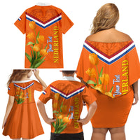 Netherlands Queen Day 2024 Family Matching Off Shoulder Short Dress and Hawaiian Shirt Nederland Koningsdag Orange Tulips - Wonder Print Shop