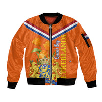 Netherlands Queen Day 2024 Sleeve Zip Bomber Jacket Nederland Koningsdag Orange Tulips - Wonder Print Shop