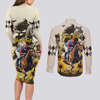 Personalized Preakness Horse Racing Couples Matching Long Sleeve Bodycon Dress and Long Sleeve Button Shirt Middle Jewel