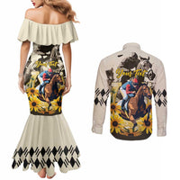 Personalized Preakness Horse Racing Couples Matching Mermaid Dress and Long Sleeve Button Shirt Middle Jewel