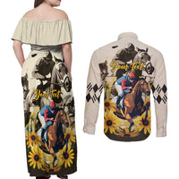 Personalized Preakness Horse Racing Couples Matching Off Shoulder Maxi Dress and Long Sleeve Button Shirt Middle Jewel