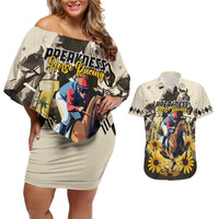 Personalized Preakness Horse Racing Couples Matching Off Shoulder Short Dress and Hawaiian Shirt Middle Jewel