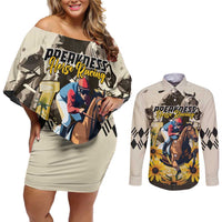 Personalized Preakness Horse Racing Couples Matching Off Shoulder Short Dress and Long Sleeve Button Shirt Middle Jewel