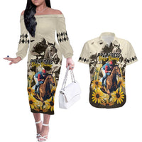 Personalized Preakness Horse Racing Couples Matching Off The Shoulder Long Sleeve Dress and Hawaiian Shirt Middle Jewel