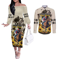 Personalized Preakness Horse Racing Couples Matching Off The Shoulder Long Sleeve Dress and Long Sleeve Button Shirt Middle Jewel