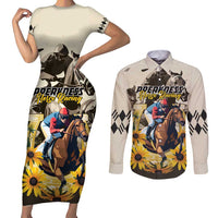 Personalized Preakness Horse Racing Couples Matching Short Sleeve Bodycon Dress and Long Sleeve Button Shirt Middle Jewel