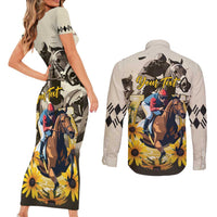 Personalized Preakness Horse Racing Couples Matching Short Sleeve Bodycon Dress and Long Sleeve Button Shirt Middle Jewel