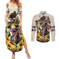 Personalized Preakness Horse Racing Couples Matching Summer Maxi Dress and Long Sleeve Button Shirt Middle Jewel