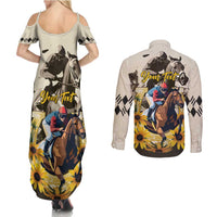 Personalized Preakness Horse Racing Couples Matching Summer Maxi Dress and Long Sleeve Button Shirt Middle Jewel