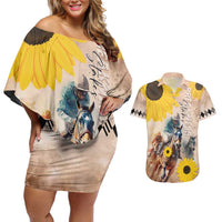 Personalized Preakness Horse Racing Couples Matching Off Shoulder Short Dress and Hawaiian Shirt Run for the Black Eyed Susans
