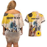 Personalized Preakness Horse Racing Couples Matching Off Shoulder Short Dress and Hawaiian Shirt Run for the Black Eyed Susans