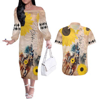 Personalized Preakness Horse Racing Couples Matching Off The Shoulder Long Sleeve Dress and Hawaiian Shirt Run for the Black Eyed Susans