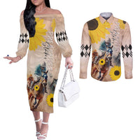 Personalized Preakness Horse Racing Couples Matching Off The Shoulder Long Sleeve Dress and Long Sleeve Button Shirt Run for the Black Eyed Susans