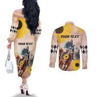 Personalized Preakness Horse Racing Couples Matching Off The Shoulder Long Sleeve Dress and Long Sleeve Button Shirt Run for the Black Eyed Susans