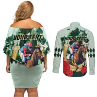 Personalized Belmont Horse Racing Couples Matching Off Shoulder Short Dress and Long Sleeve Button Shirt The Test of the Champion