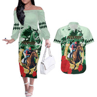 Personalized Belmont Horse Racing Couples Matching Off The Shoulder Long Sleeve Dress and Hawaiian Shirt The Test of the Champion