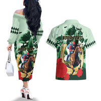 Personalized Belmont Horse Racing Couples Matching Off The Shoulder Long Sleeve Dress and Hawaiian Shirt The Test of the Champion