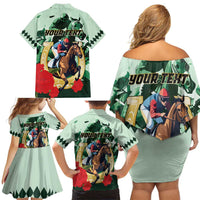 Personalized Belmont Horse Racing Family Matching Off Shoulder Short Dress and Hawaiian Shirt The Test of the Champion